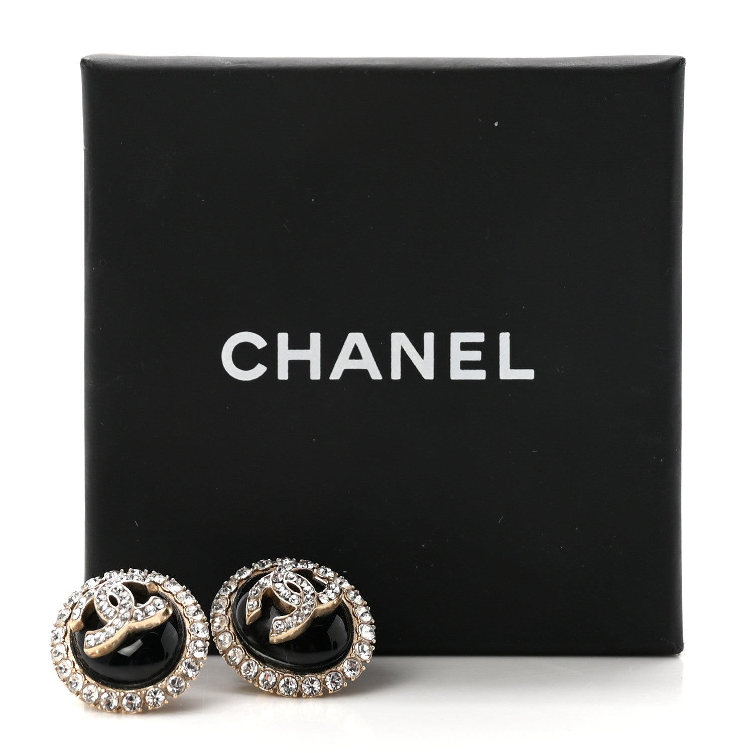 Chanel Crystal Enamel CC Round Earrings Light Gold Black 1910770