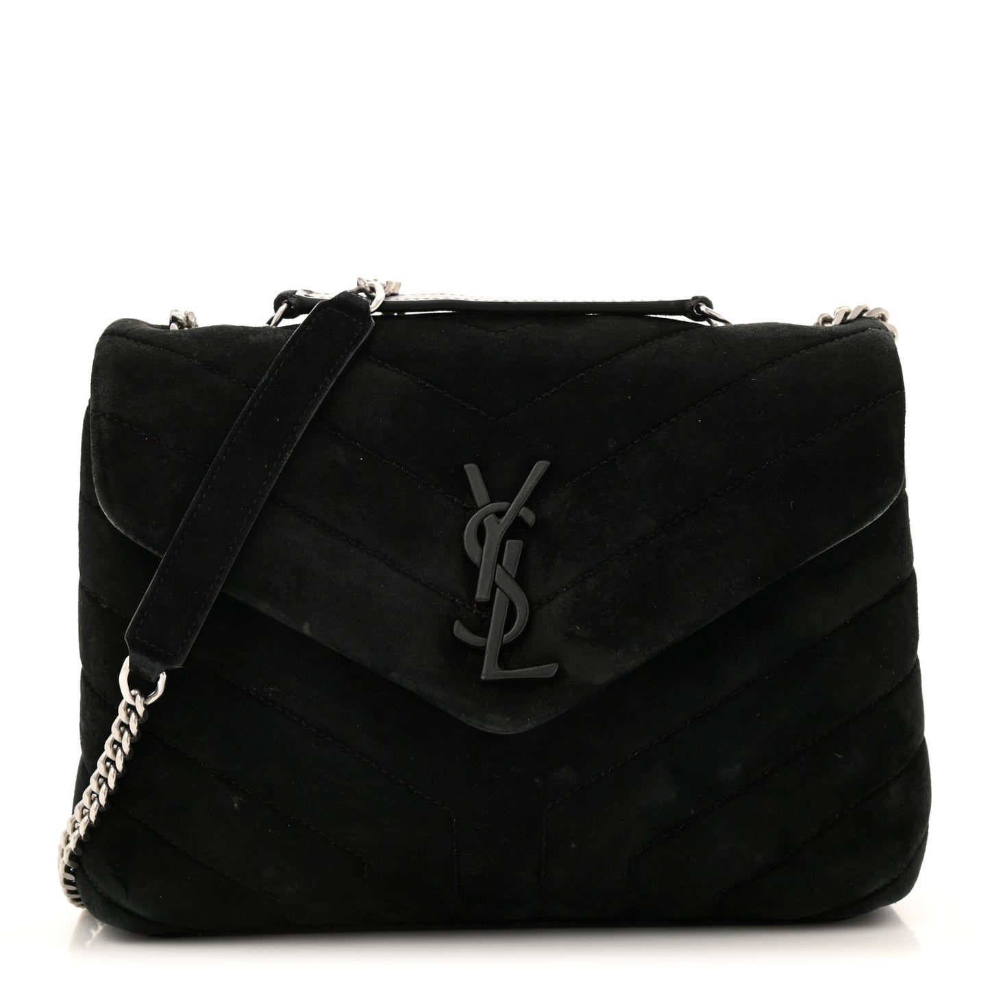 Suede Calfskin Y Quilted Monogram Small Loulou Chain Satchel Black