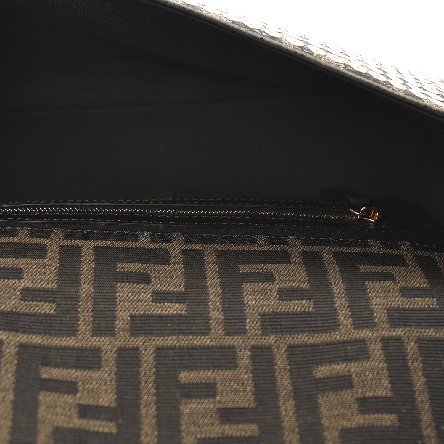 Fendi Fabric Jacquard Paillettes Vitello Seta FF 1974 Baguette Testa di Moro Real Ebano 5 of 9