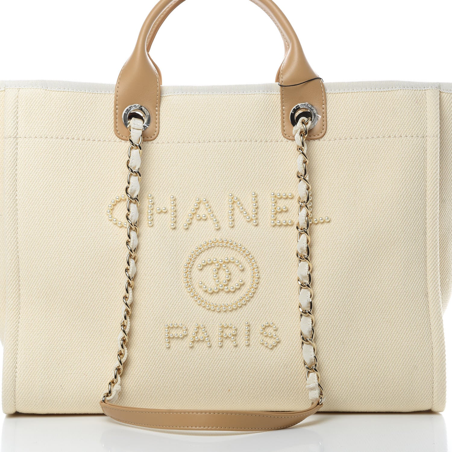 Chanel Canvas Pearl Medium Deauville Tote Ecru Beige 8 of 10