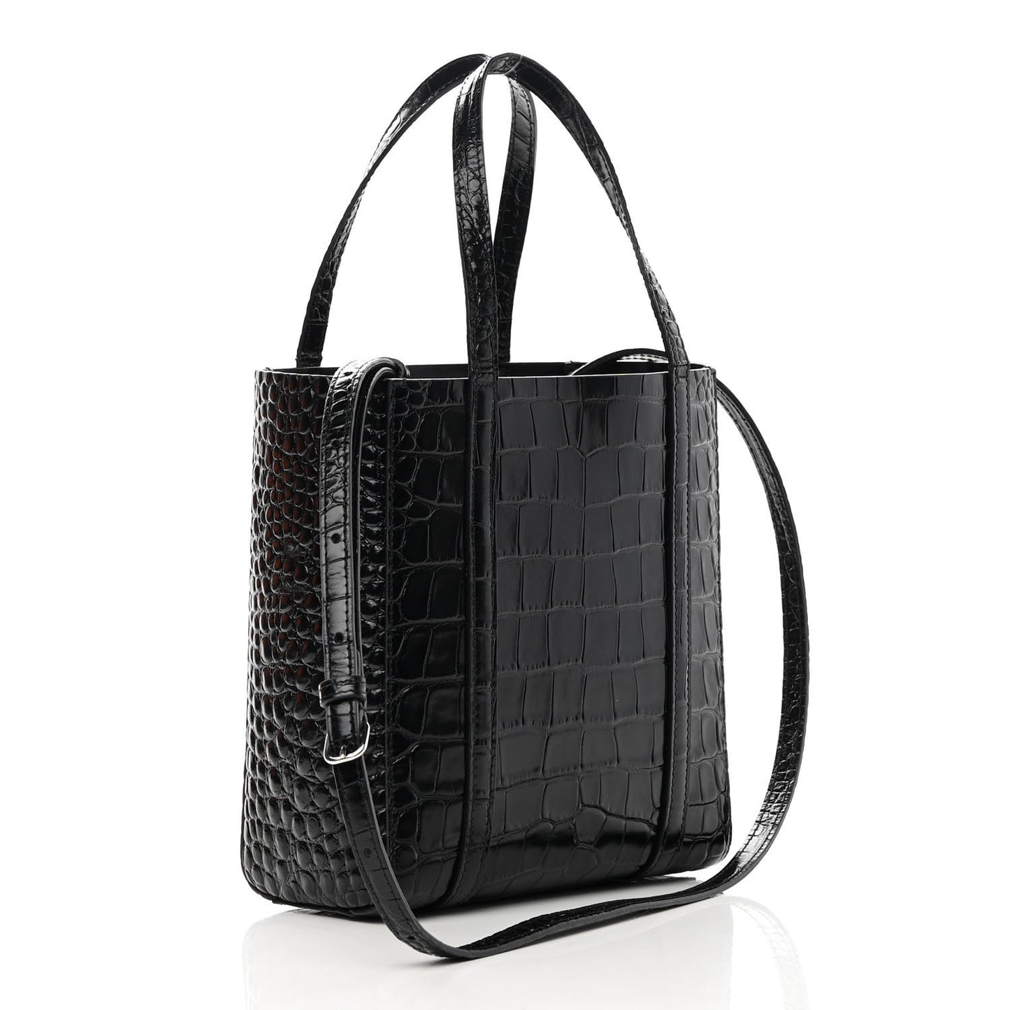 Shiny Calfskin Logo Crocodile Embossed XXS Everyday Tote Black