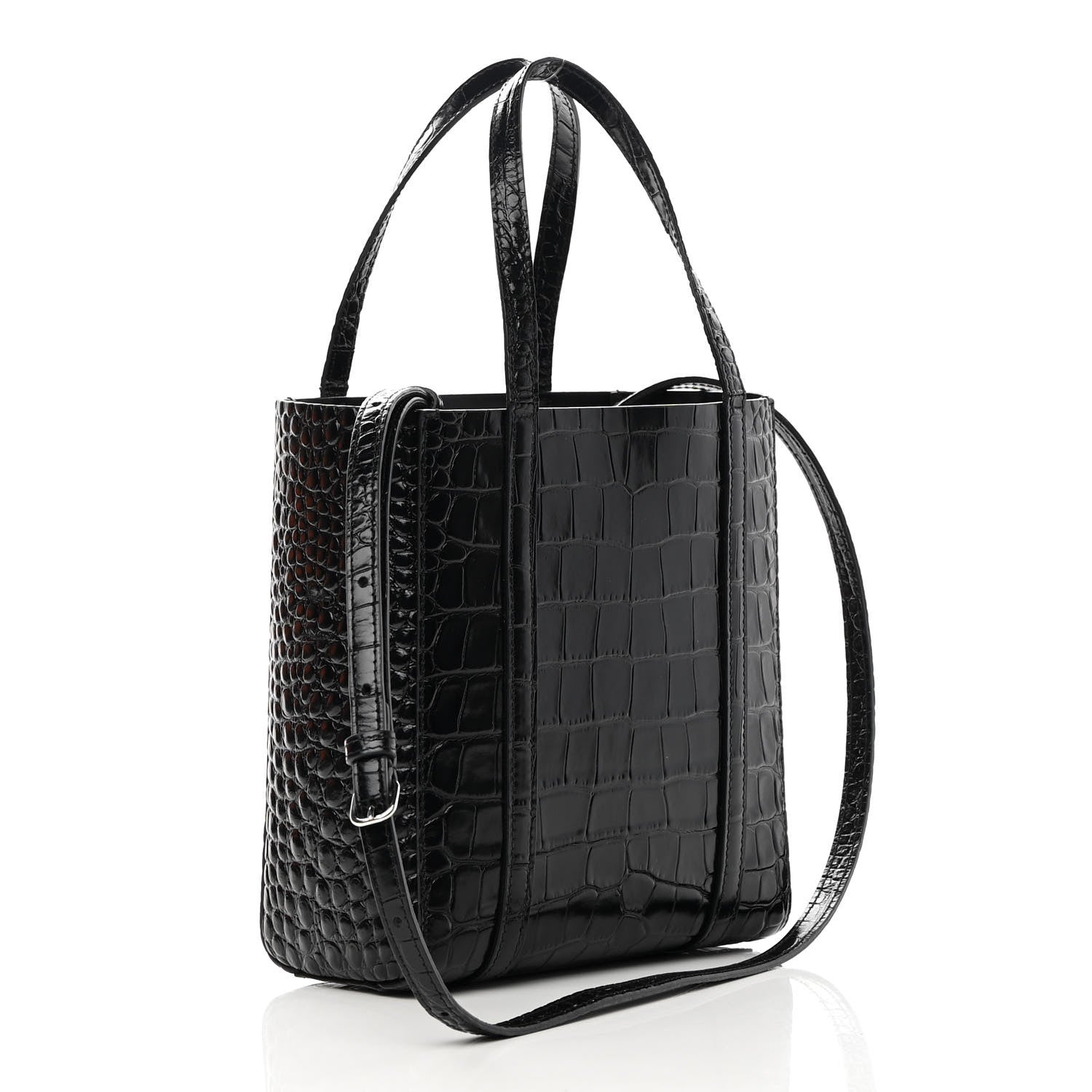 Balenciaga Shiny Calfskin Logo Crocodile Embossed XXS Everyday Tote Black 3 of 10