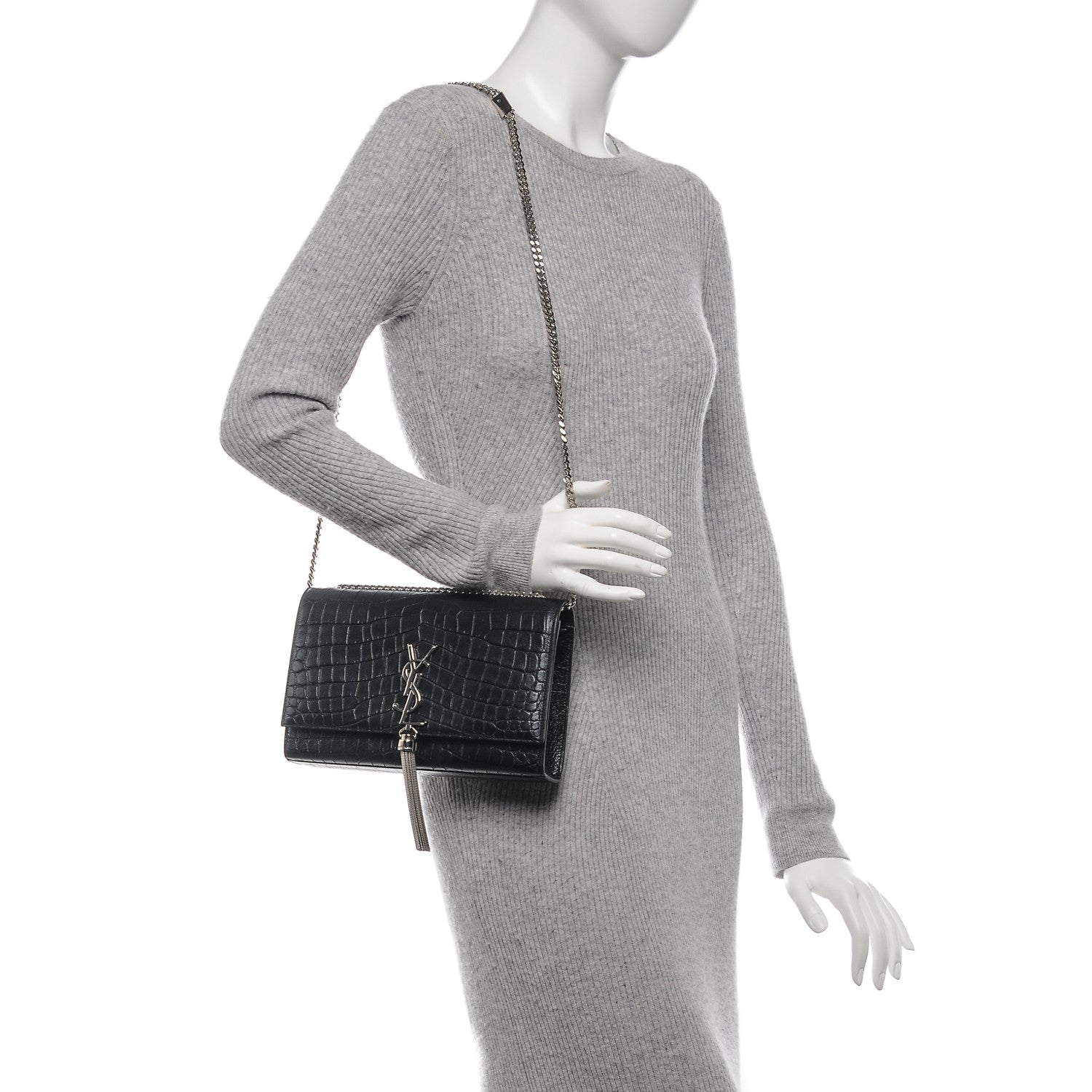 Saint Laurent Calfskin Crocodile Embossed Medium Classic Monogram Kate Tassel Satchel Black 2 of 6