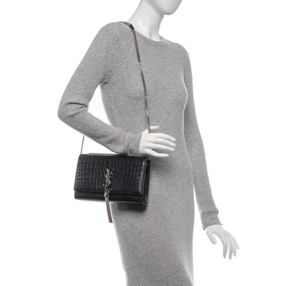Saint Laurent Calfskin Crocodile Embossed Medium Classic Monogram Kate Tassel Satchel Black 2 of 6