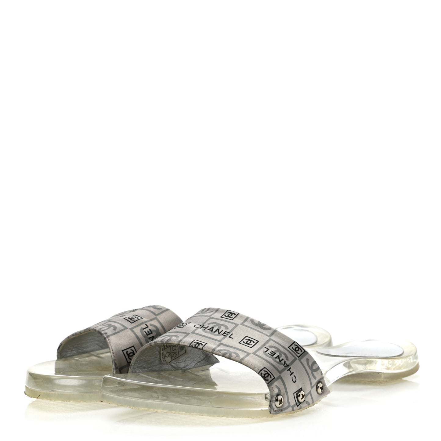 PVC Transparent Satin CC Logo Sport Slide Sandal 36 White Silver