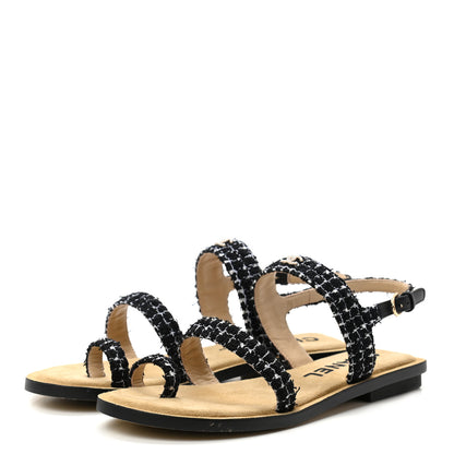 Chanel Tweed CC Sandals 38 Black White 3 of 11