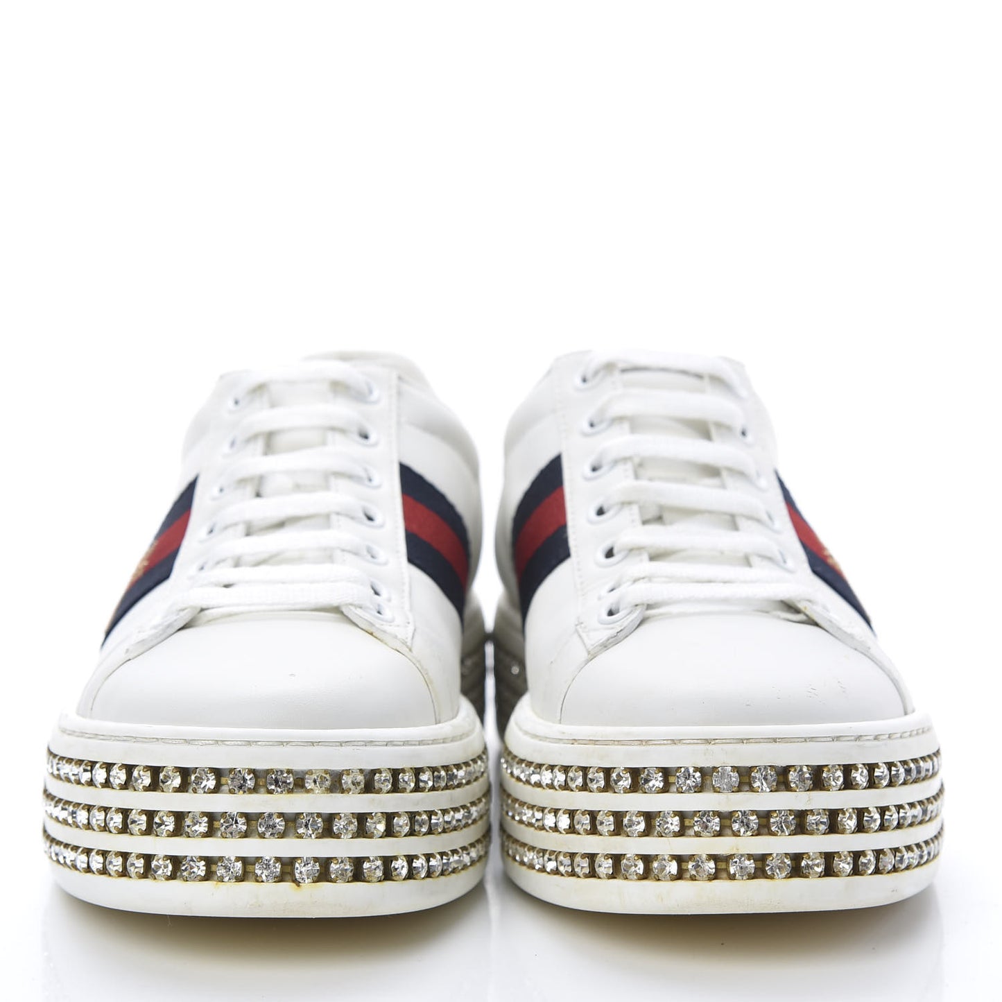 Calfskin Crystal Web Bee Embroidered Womens Ace Platform Sneakers 36 White