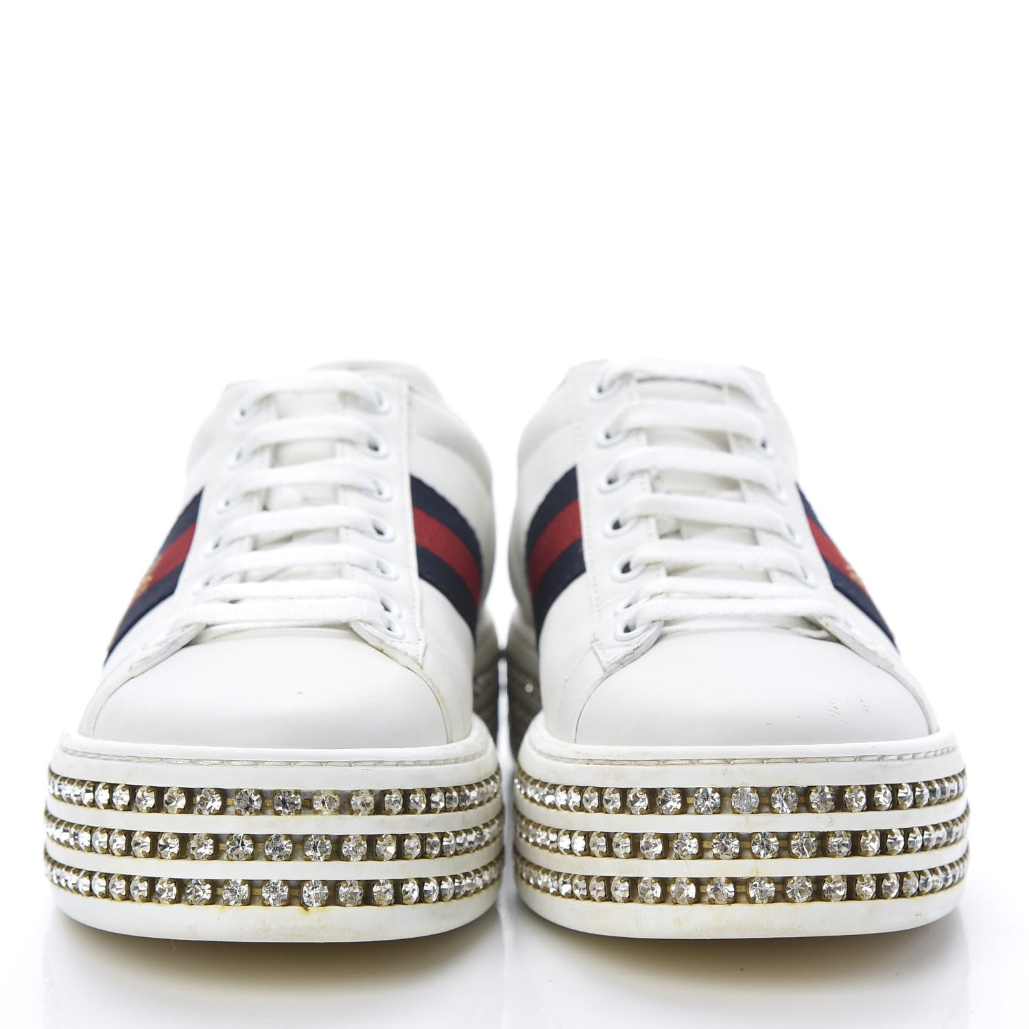 Gucci Calfskin Crystal Web Bee Embroidered Womens Ace Platform Sneakers 36 White 2 of 13