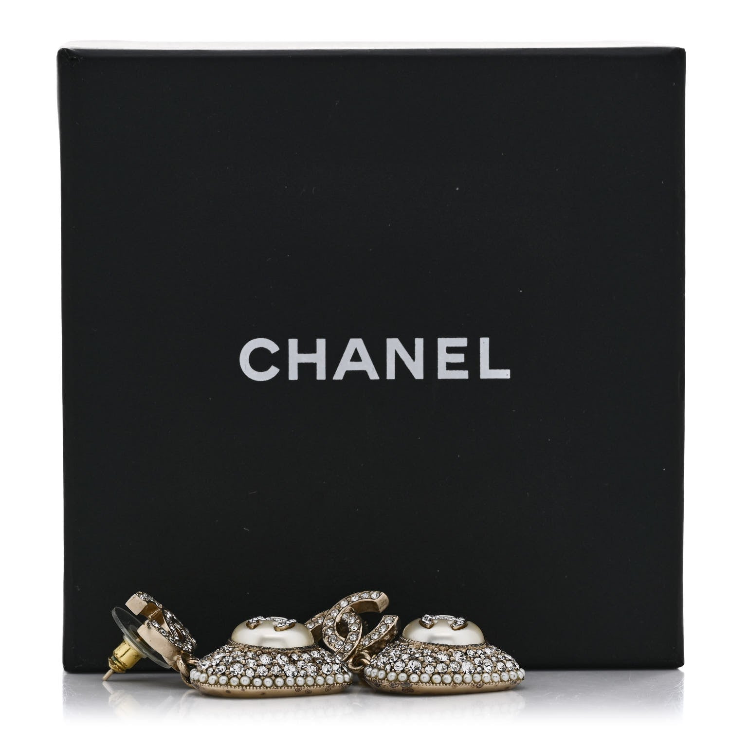 Chanel Pearl Crystal CC Heart Drop Earrings Gold White 5 of 5