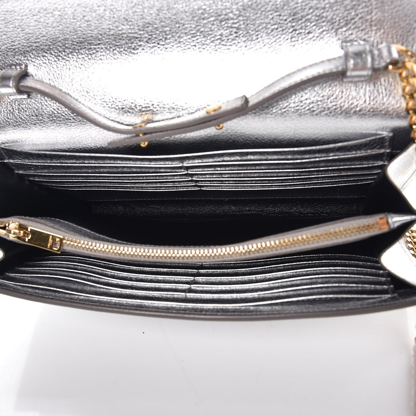 Metallic Calfskin Monogram Chain Wallet Argento