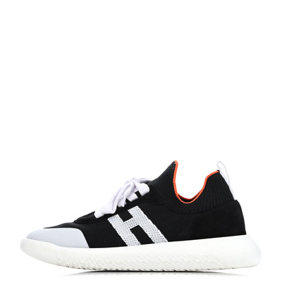 Hermes Knit Suede Goatskin Womens Crew Sneakers 37.5 Black White 1 of 4