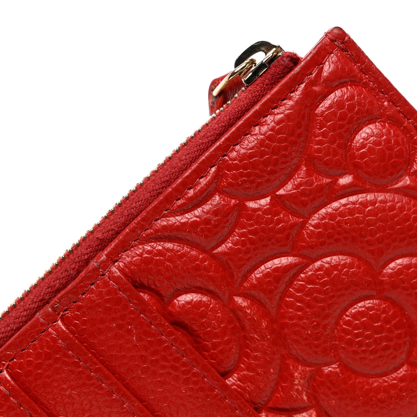 Caviar Camellia Embossed Classic Flat Wallet Pouch Red