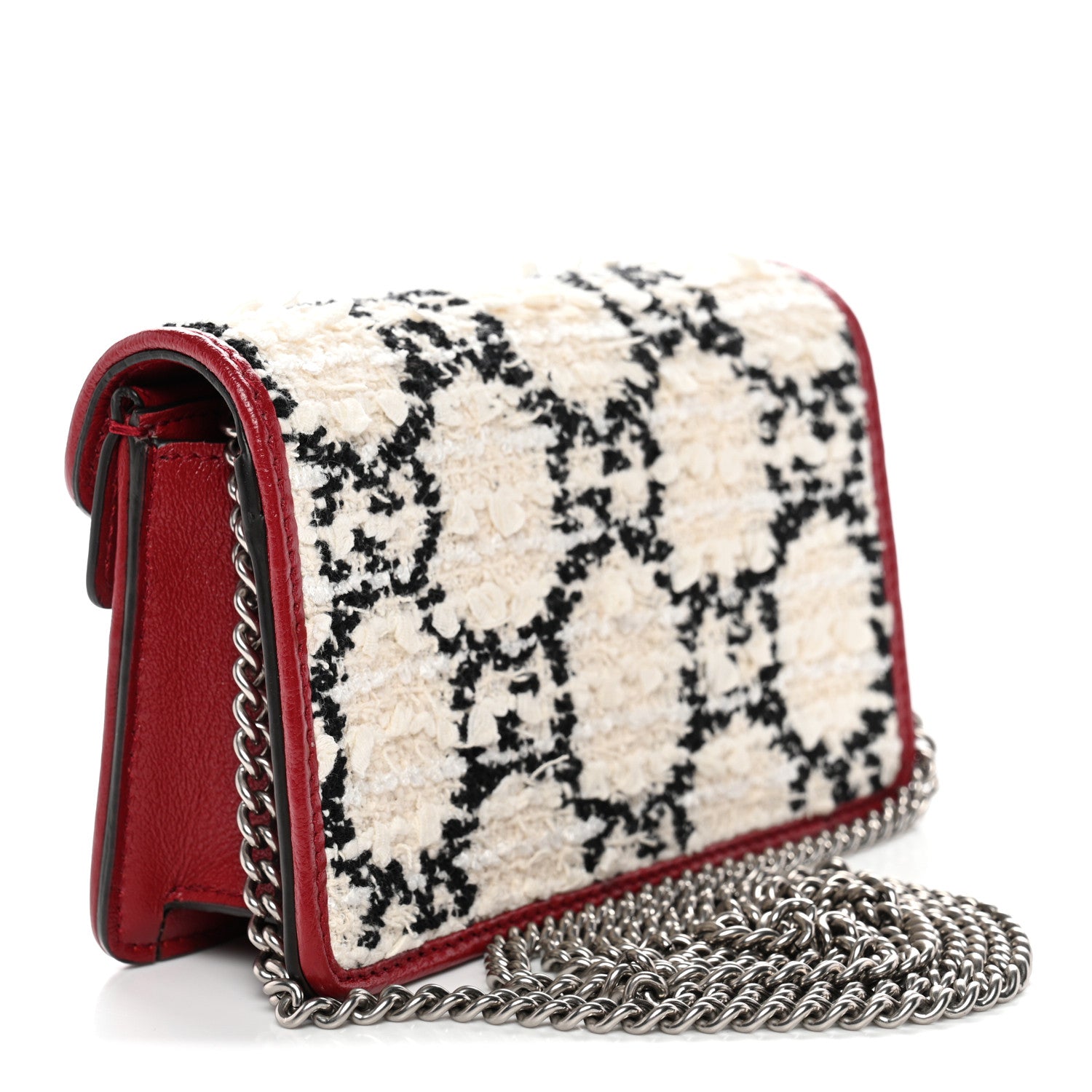 Gucci Tweed GG Monogram Super Mini Dionysus Shoulder Bag White Black Romantic Cherry 3 of 10