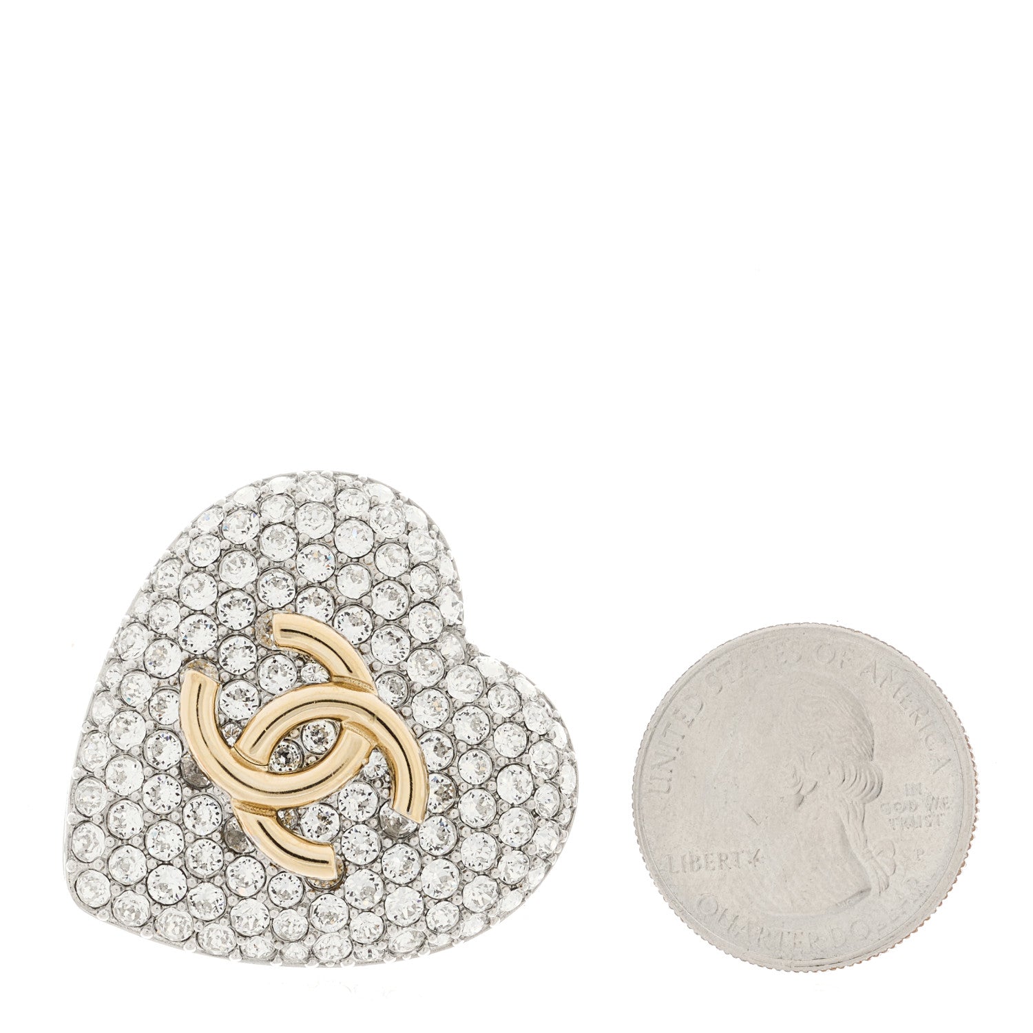 Chanel Crystal CC Heart Brooch Silver Gold 2 of 4