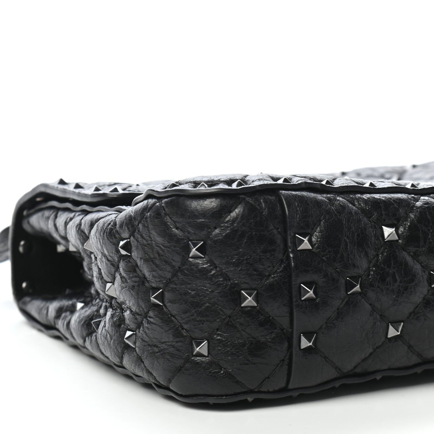 Craquele Nappa Medium Rockstud Spike Shoulder Bag Black