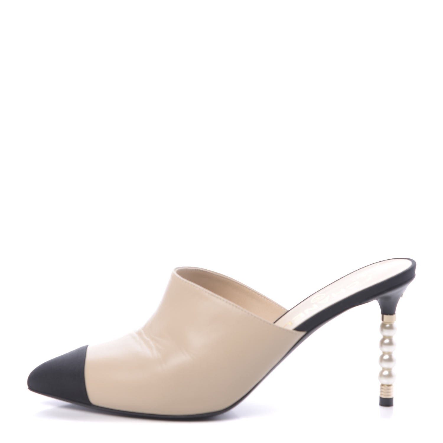Chanel Lambskin Grosgrain Cap Toe Pearl Mule 38.5 Beige Black 1 of 11