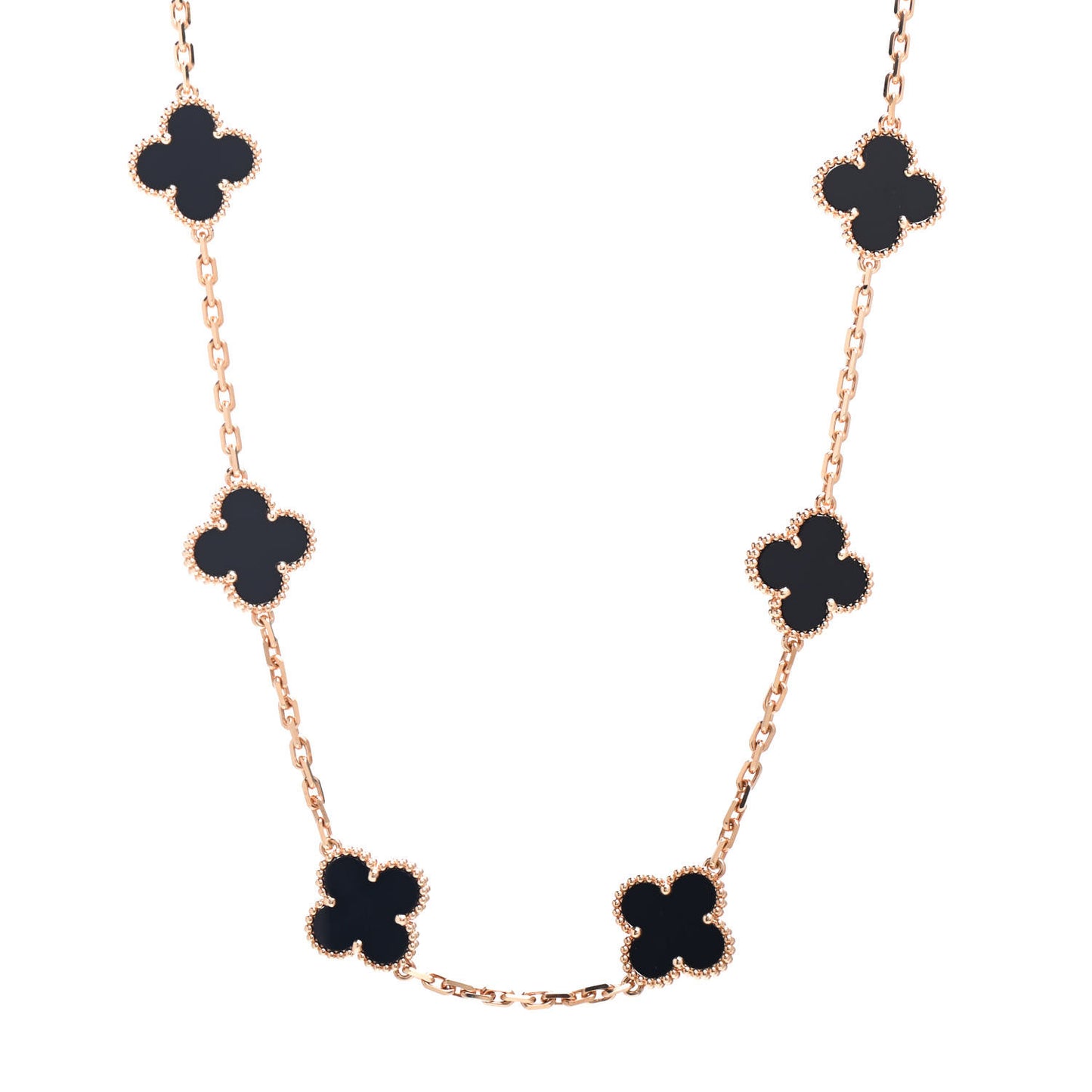 18K Yellow Gold Black Onyx 10 Motifs Vintage Alhambra Necklace
