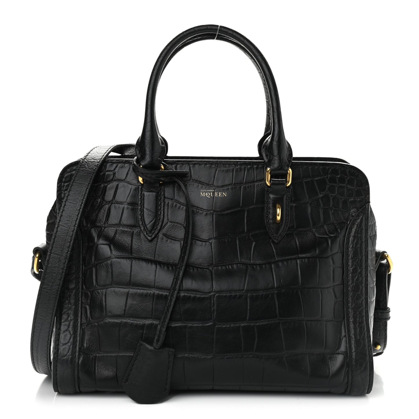 Calfskin Crocodile Embossed Small Skull Padlock Zip Around Tote Black