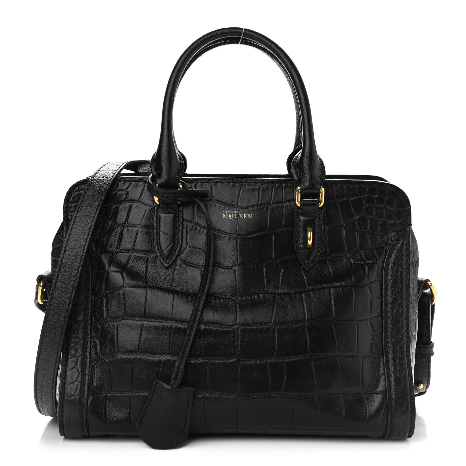 Alexander McQueen Calfskin Crocodile Embossed Small Skull Padlock Zip Around Tote Black 1 of 10