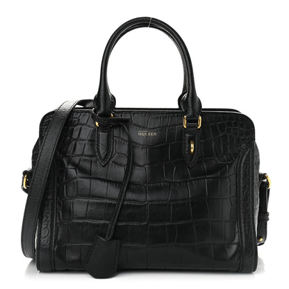 Alexander McQueen Calfskin Crocodile Embossed Small Skull Padlock Zip Around Tote Black 1 of 10