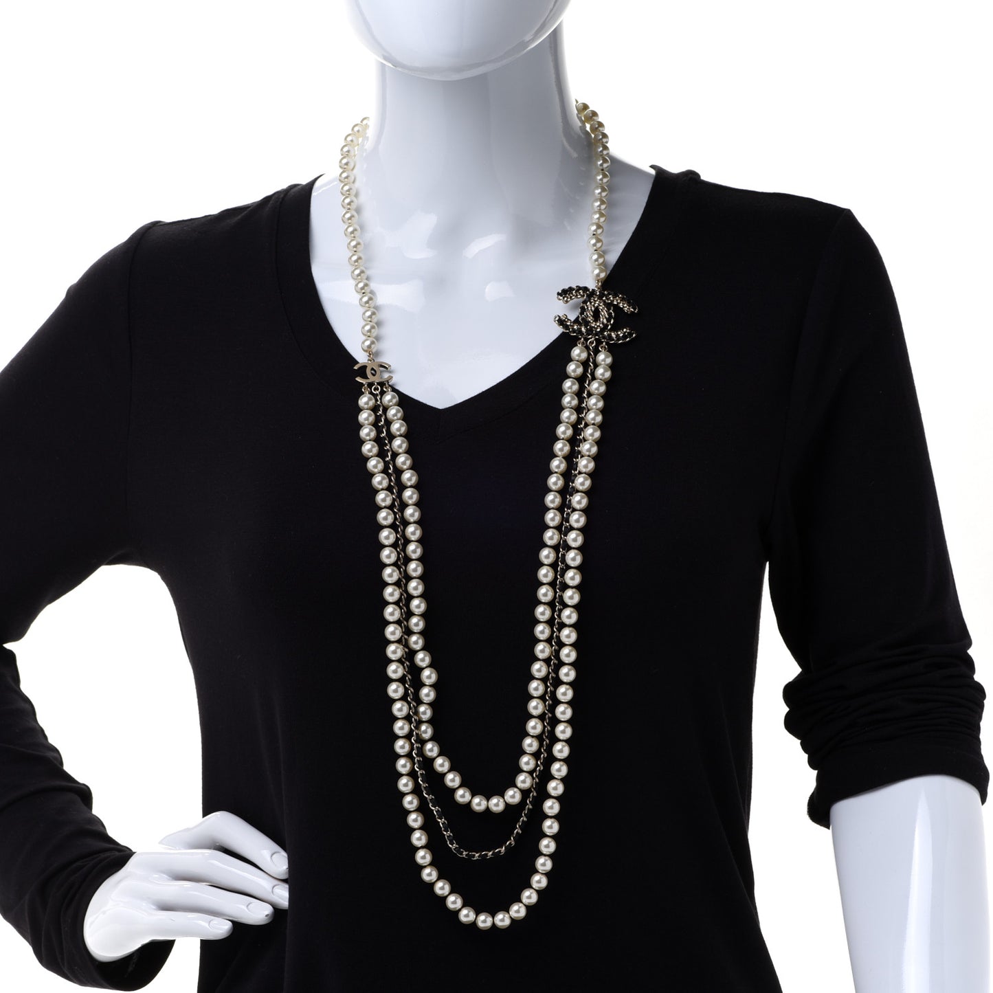 Pearl Lambskin Crystal CC Vintage Allure Necklace Gold Black