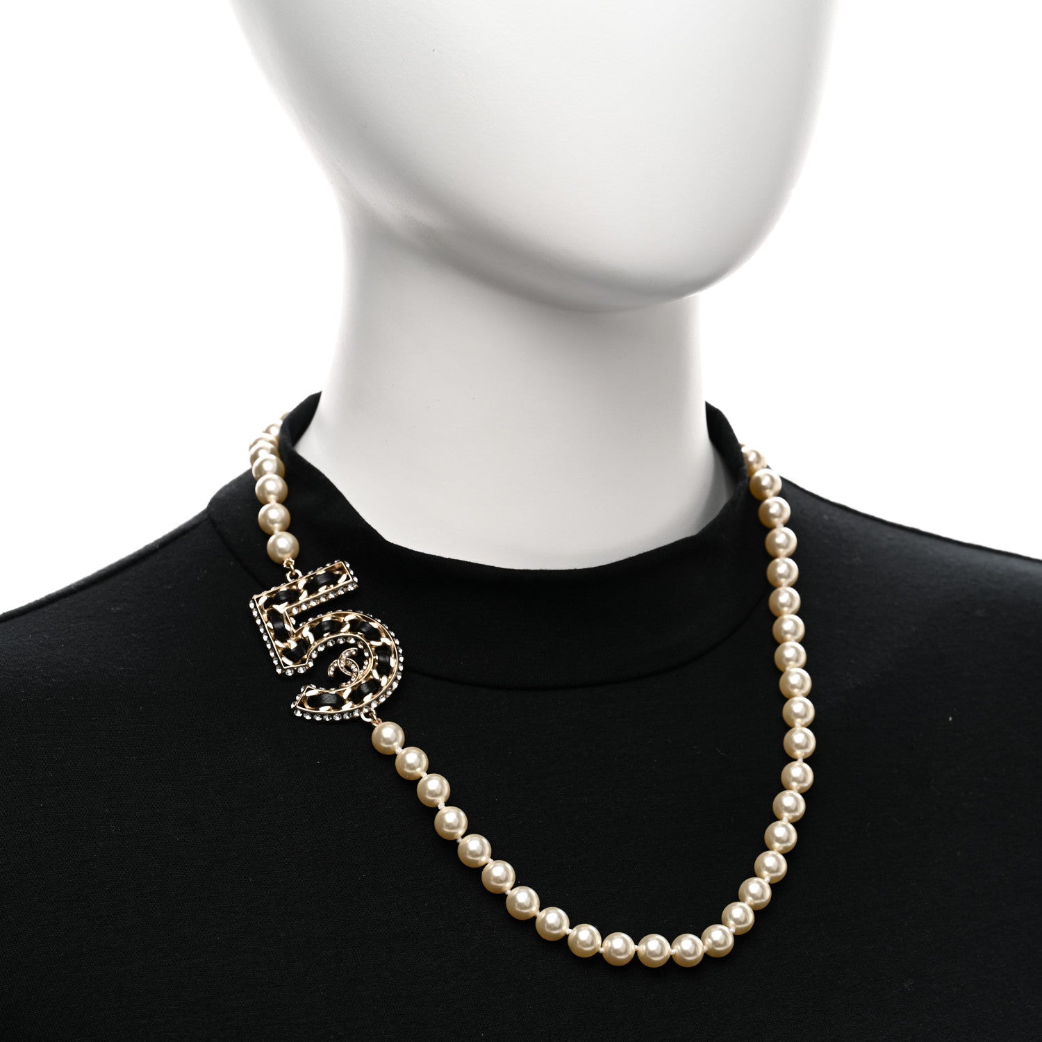 Chanel Pearl Crystal Lambskin Chain CC No 5 Short Necklace Gold 2 of 5