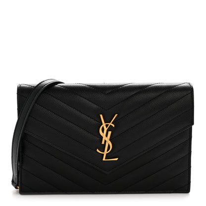 Saint Laurent Grain De Poudre Matelasse Chevron Monogram Envelope Chain Wallet Black 1 of 13