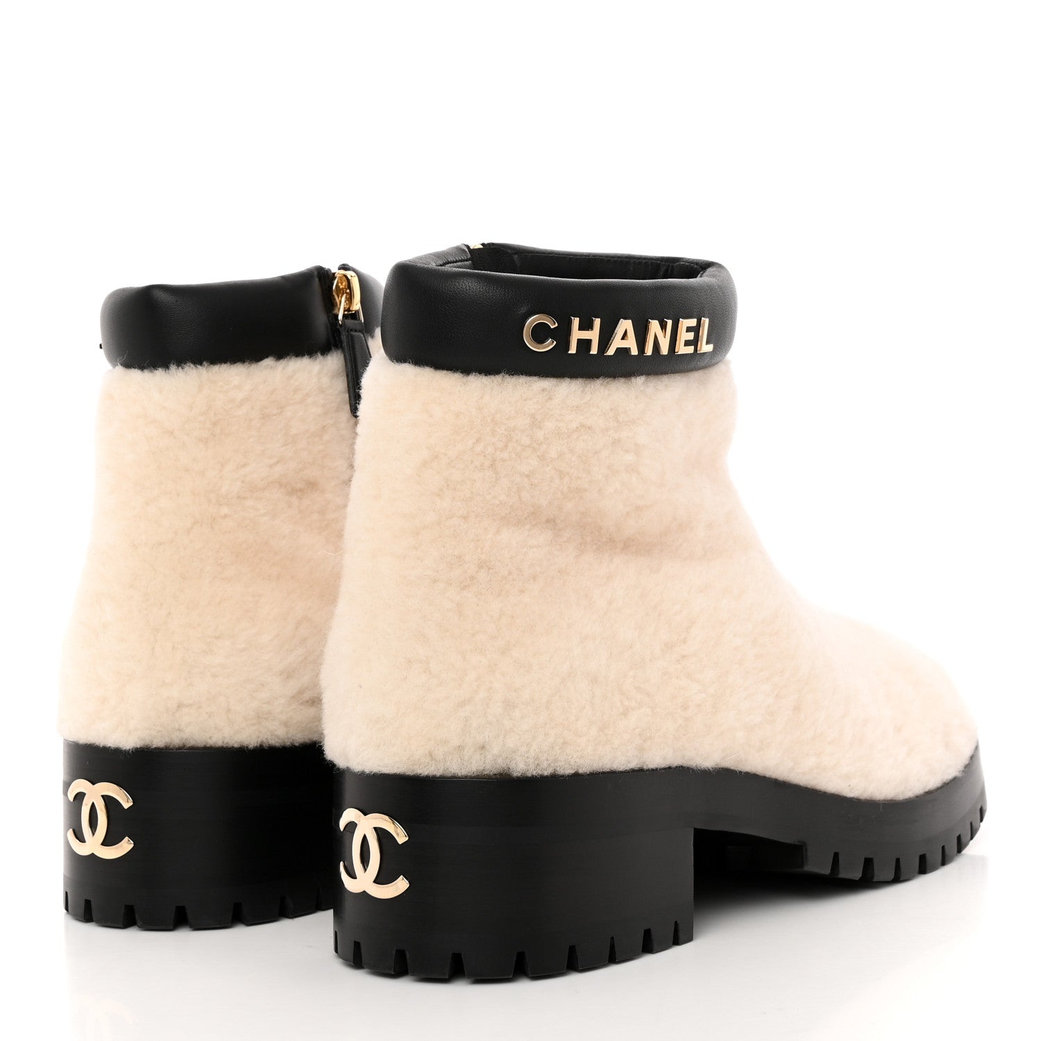 Chanel Shearling Lambskin Logo Ankle Boots 40 Ivory Black 4 of 9