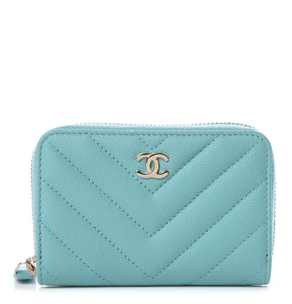 Chanel Caviar Chevron Quilted Zip Coin Purse Green 1 of 8