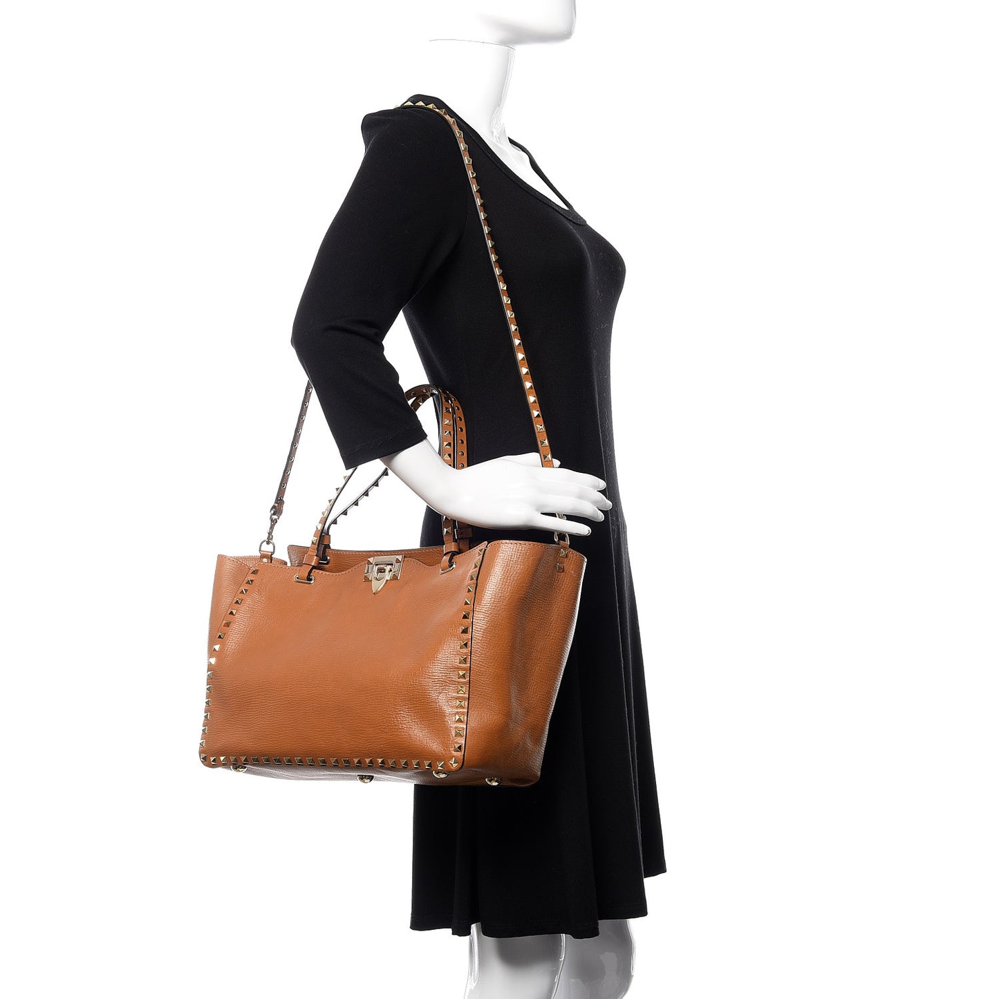 Textured Calfskin Medium Rockstud Tote Camel