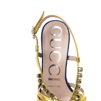 Gucci Velvet Nappa Crystal Zephyra Slingback Platform High Heel Sandals 35.5 Blue Gold 8 of 10