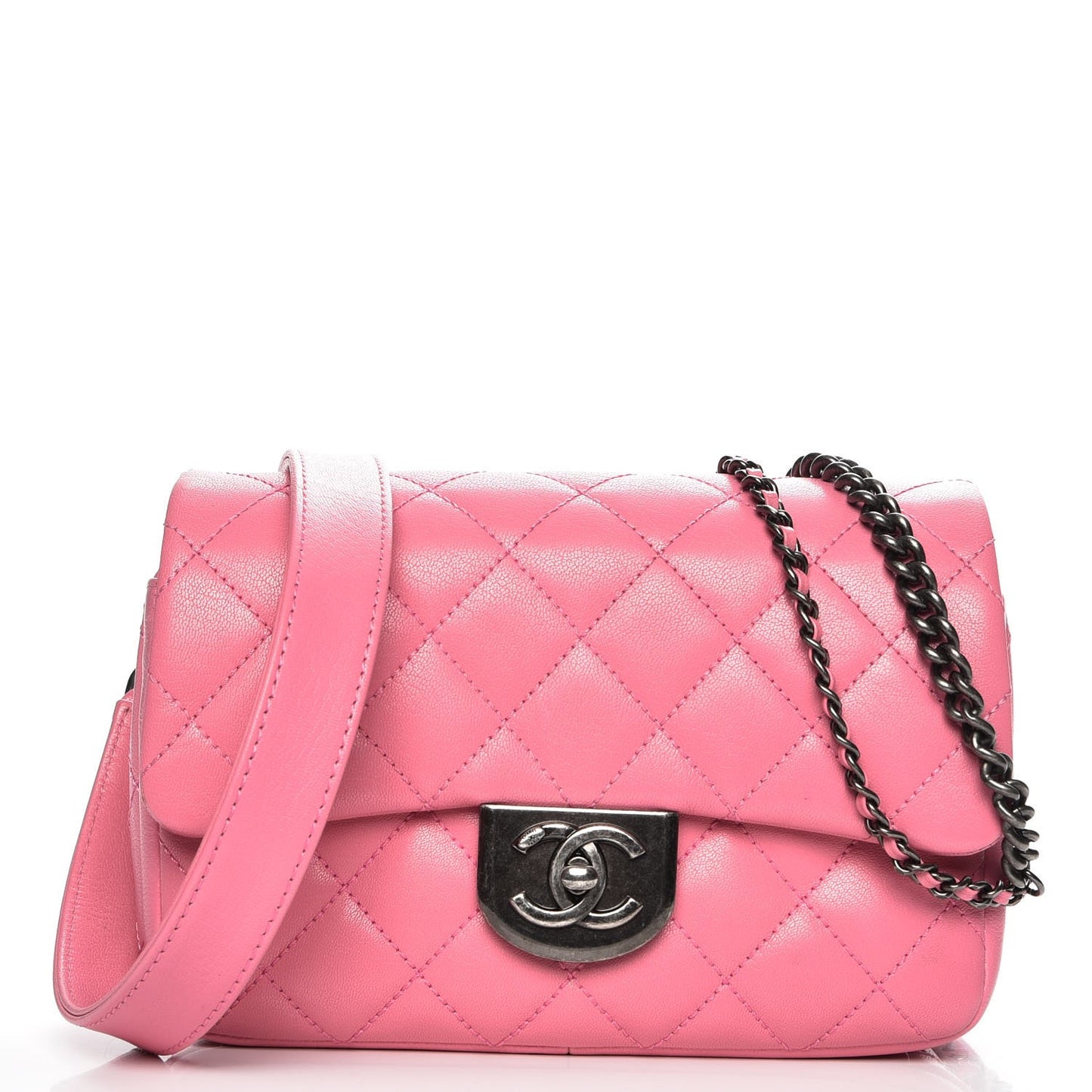 Shiny Goatskin Quilted Small Double Carry Waist Chain Flap Pink