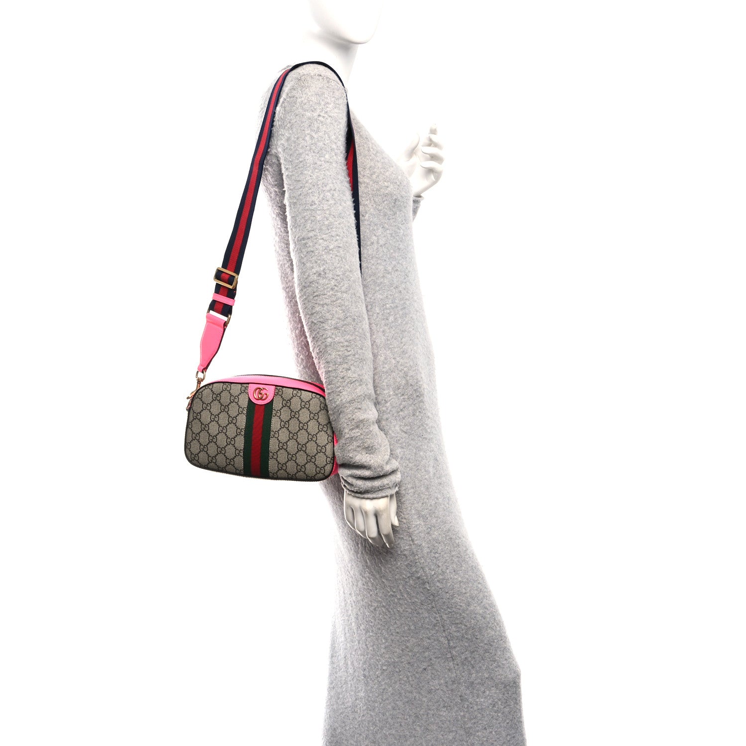 Gucci GG Supreme Monogram Textured Dollar Calfskin Web Ophidia Small Crossbody Bag Beige Ebony Fuchsia 2 of 10