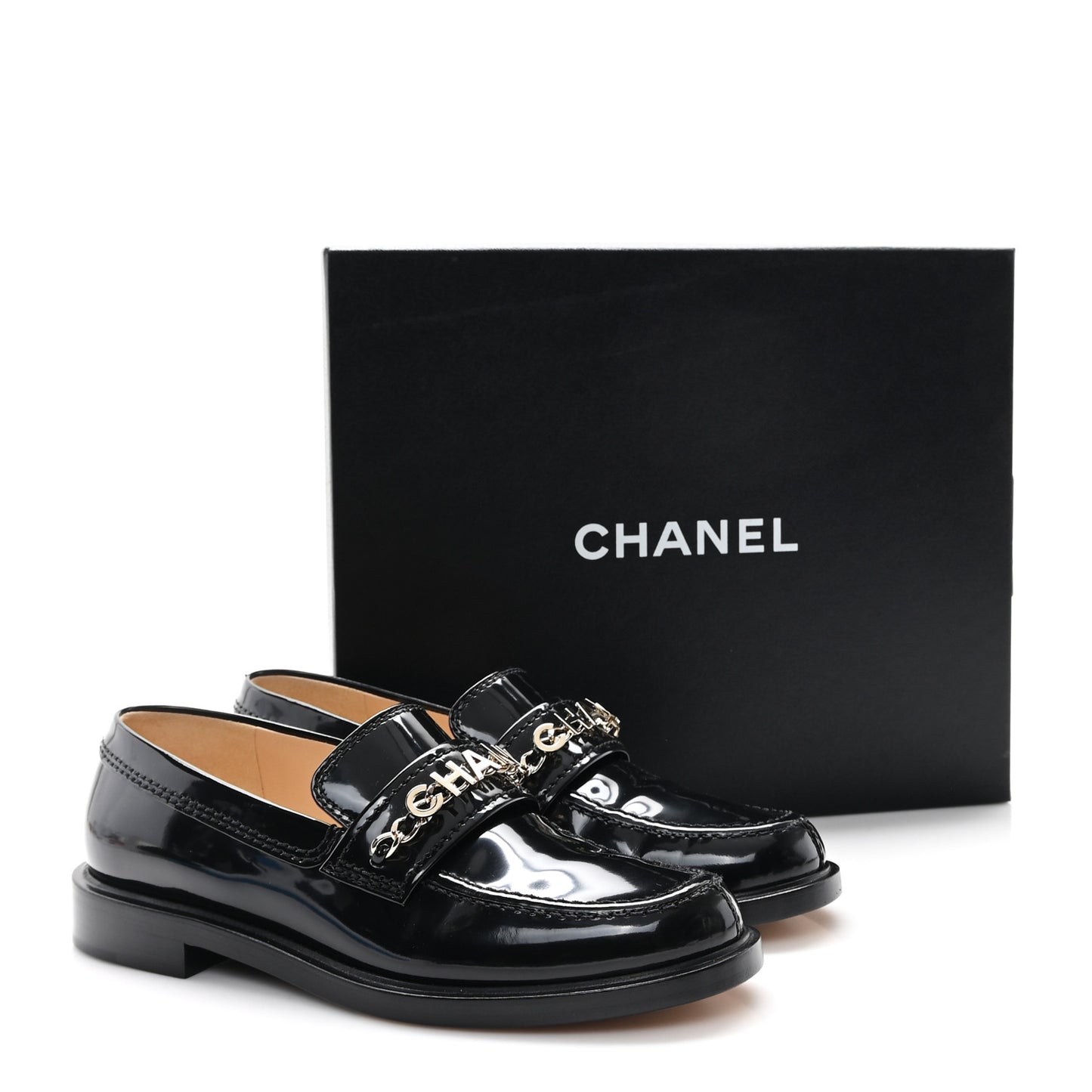 Shiny Calfskin Logo Loafers 38.5 Black