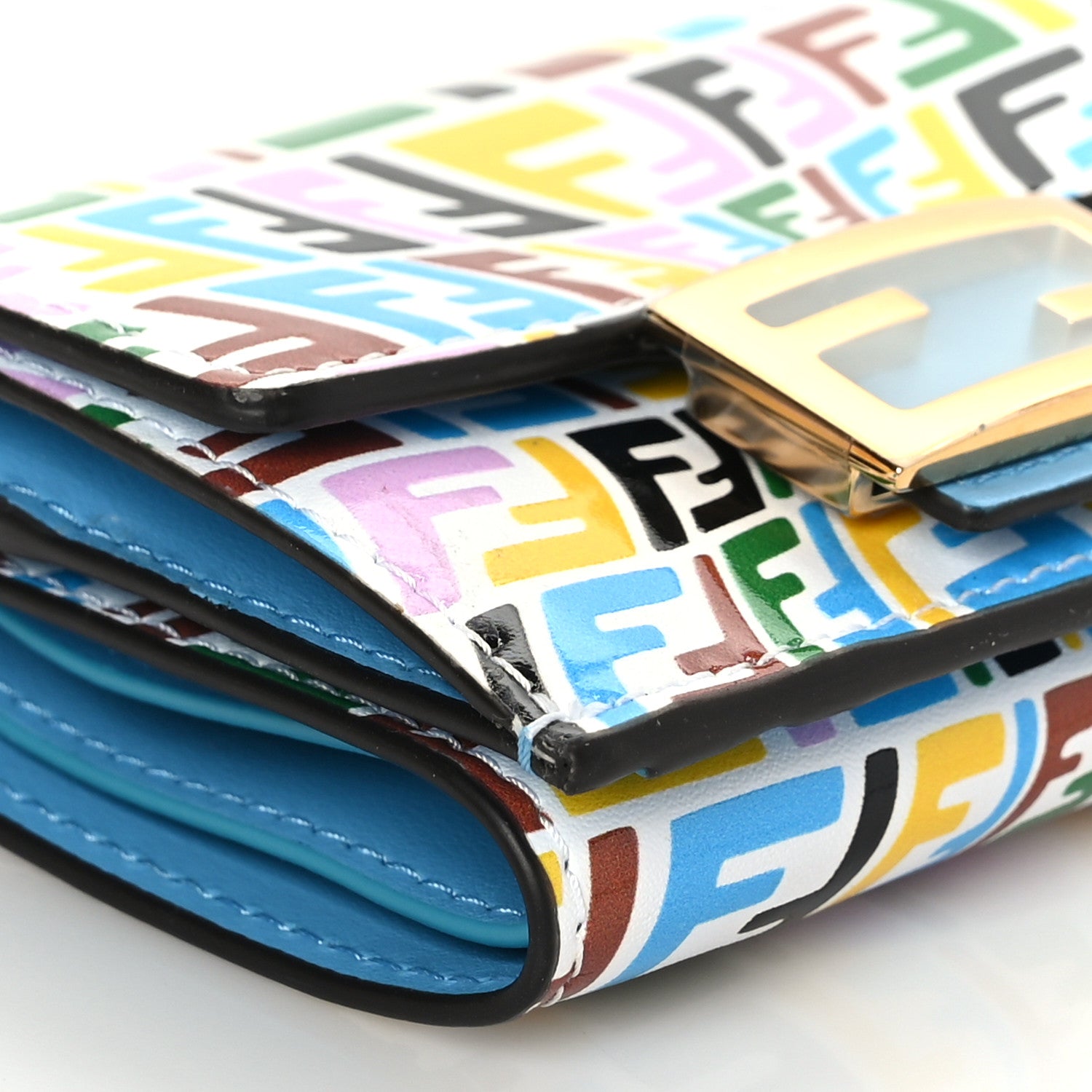 Fendi X SARAH COLEMAN Vitello Liberty Ceylon Micro FF Fish Eye Embossed Tri-Fold Wallet Multicolor Cyber Blue 8 of 9