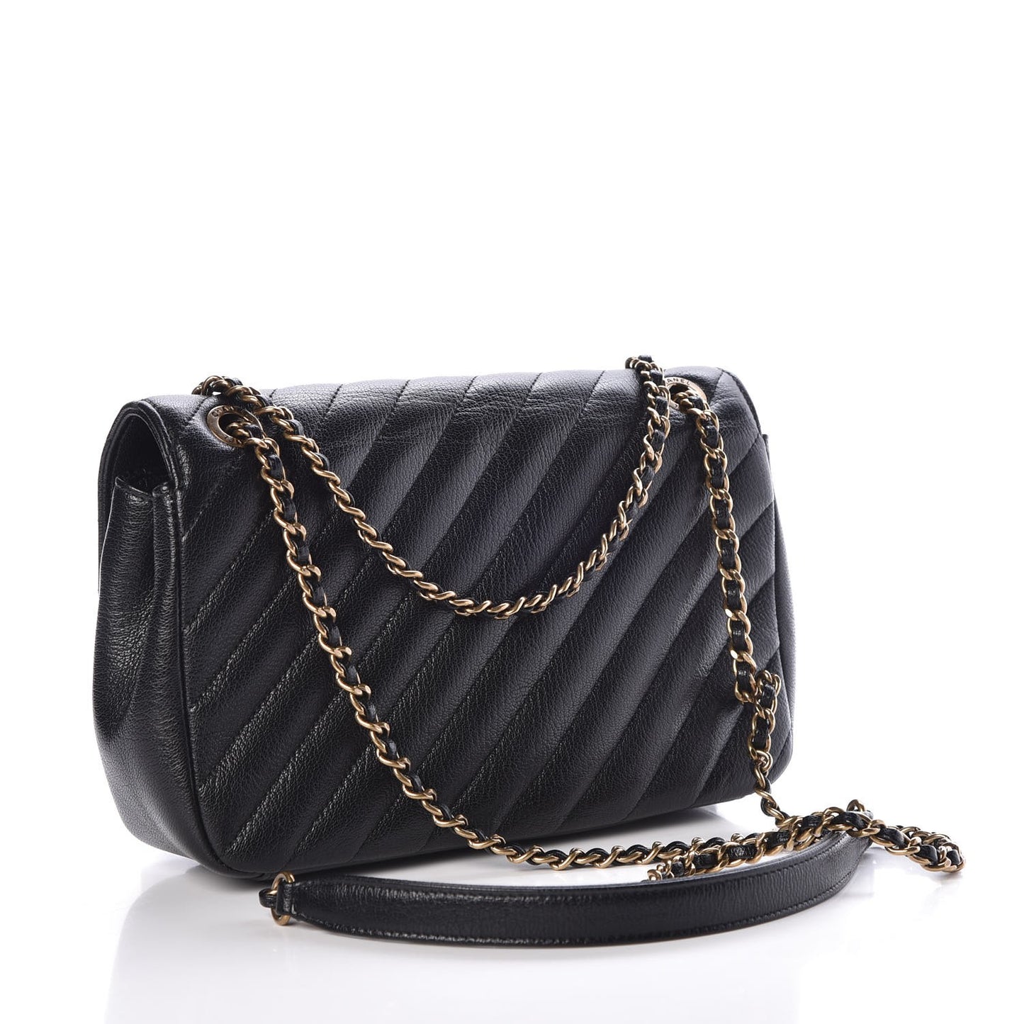 Shiny Goatskin Diagonal Quilted Small Flap Black