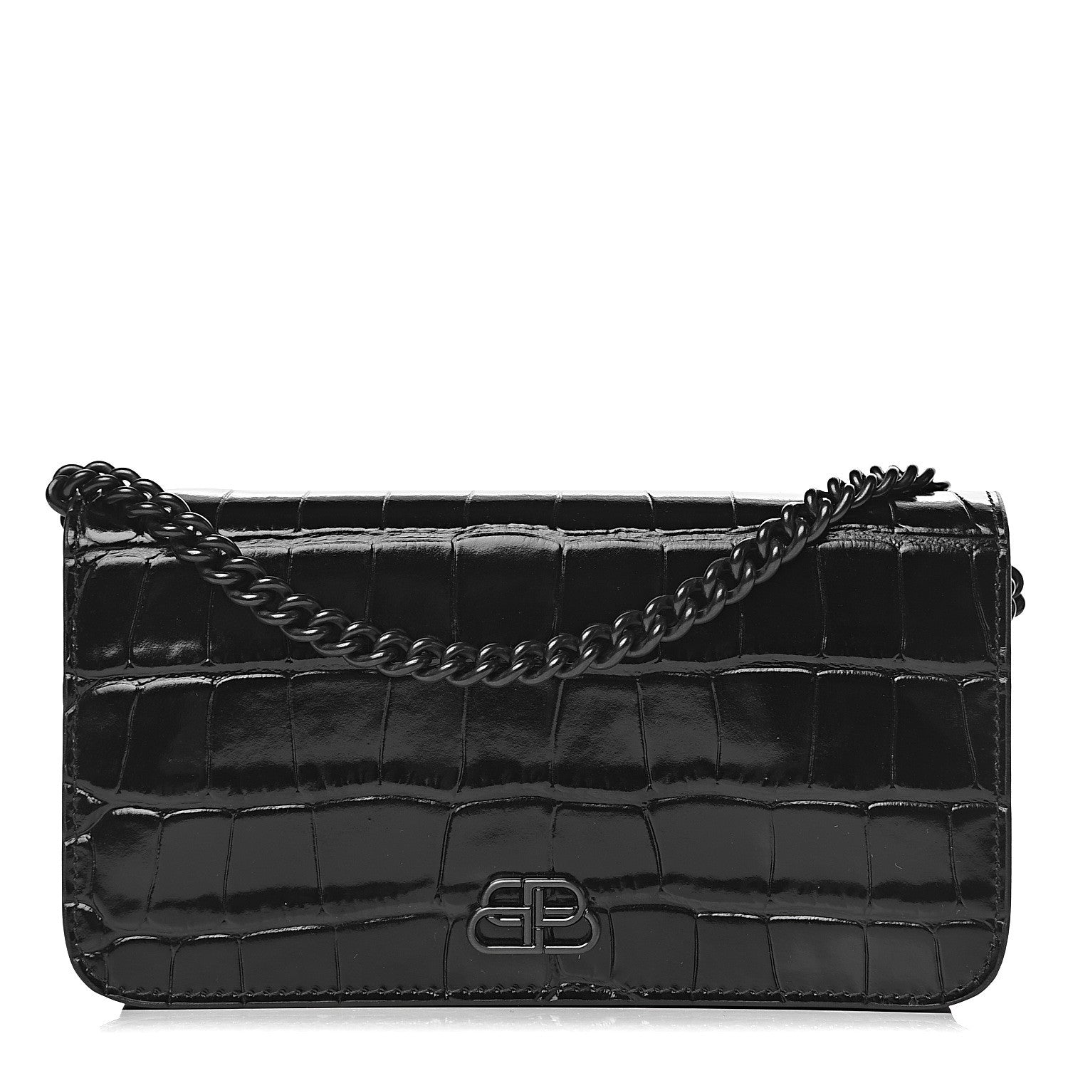 Balenciaga Shiny Calfskin Crocodile Embossed BB Phone Holder Wallet On Chain Black 1 of 11