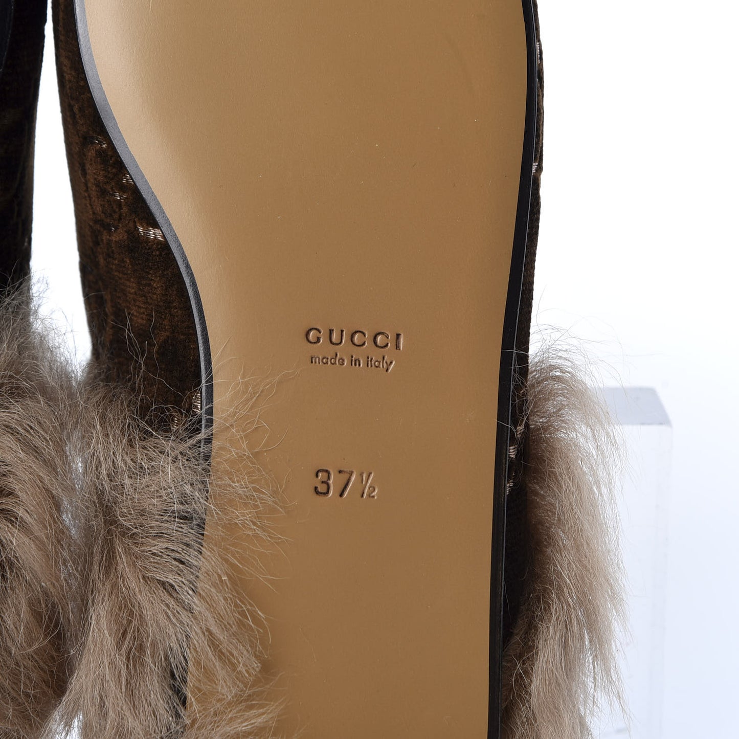 Velvet GG Monogram Fur Womens Princetown Slippers 37.5 Brown Black Natural