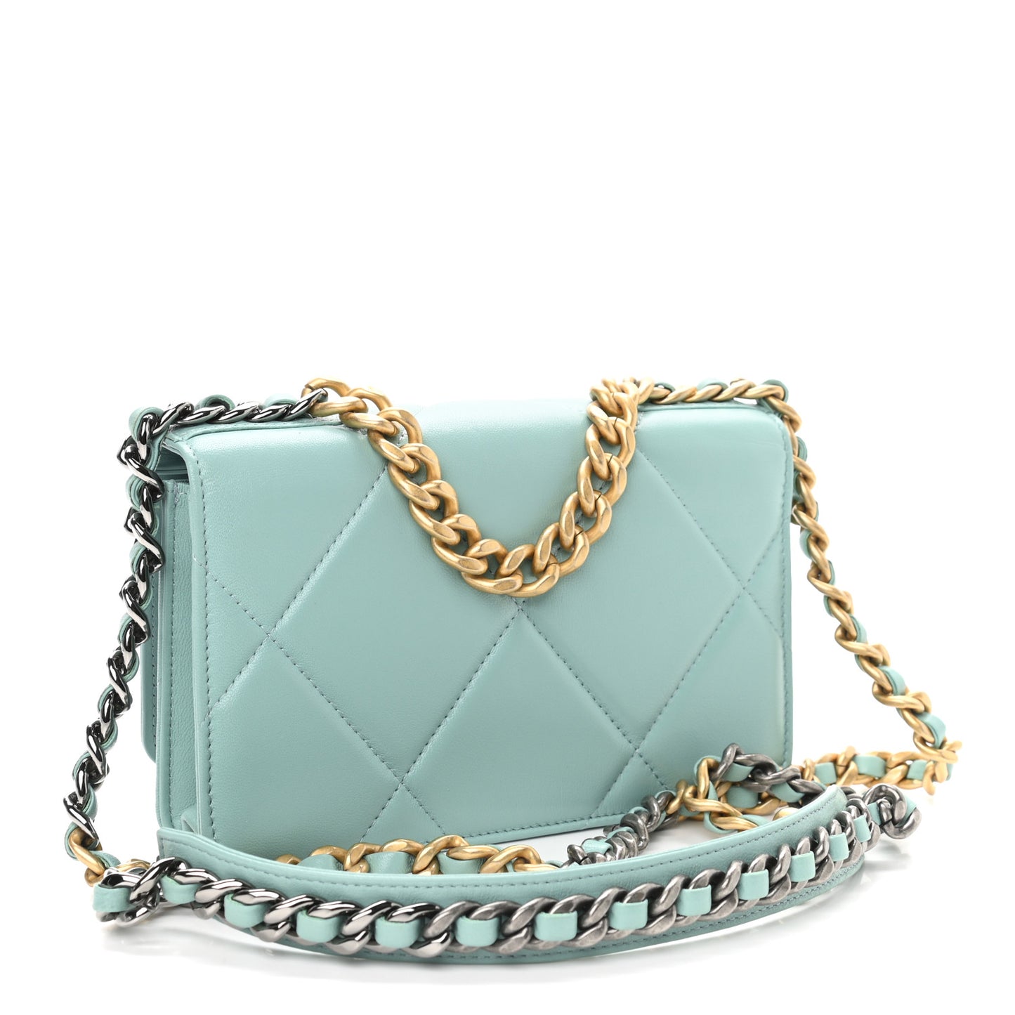 Lambskin Quilted Chanel 19 Wallet On Chain WOC Light Blue