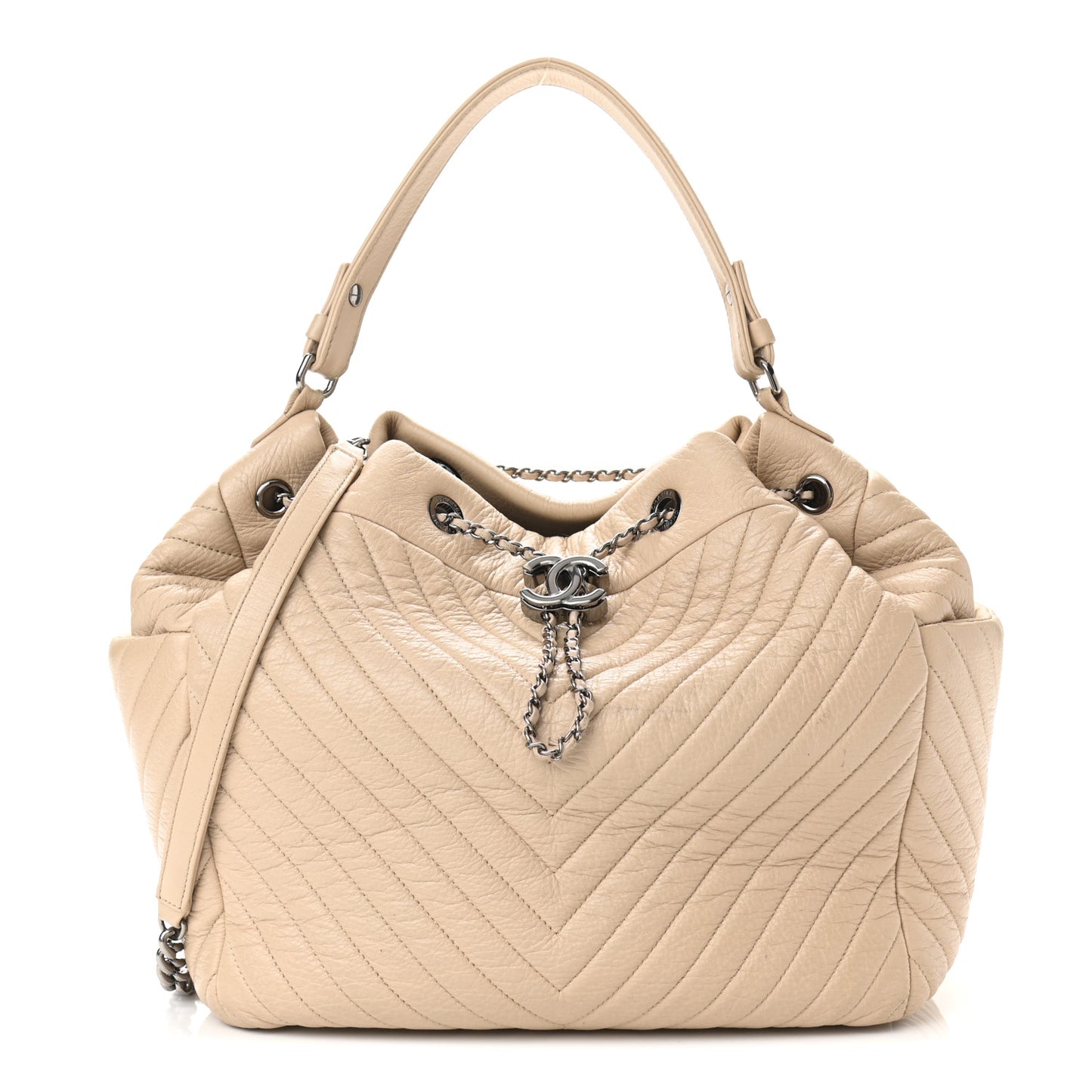 Deerskin Chevron Large CC Chain Bucket Drawstring Bag Beige