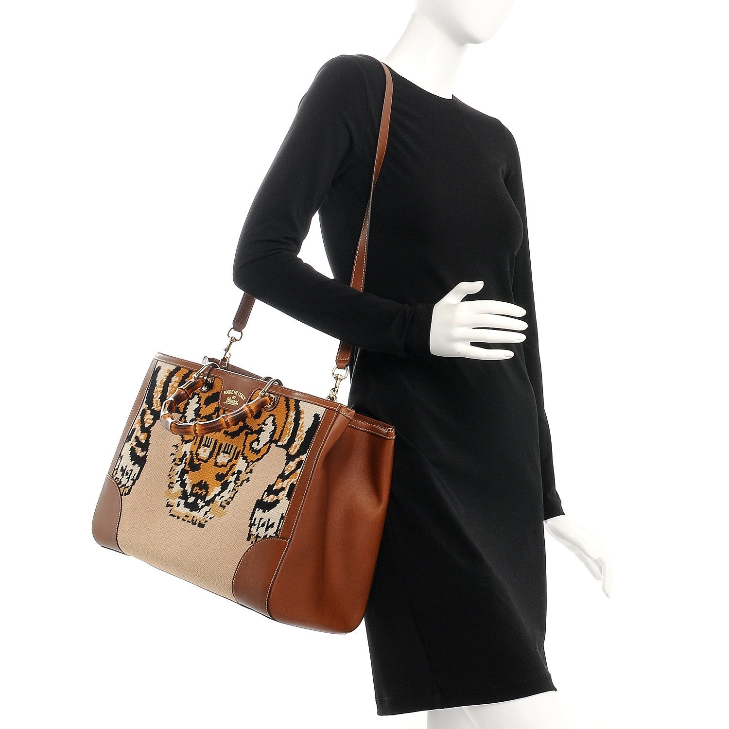 Gucci Embroidered Large Bamboo Shopper Tote Brown 2 of 8