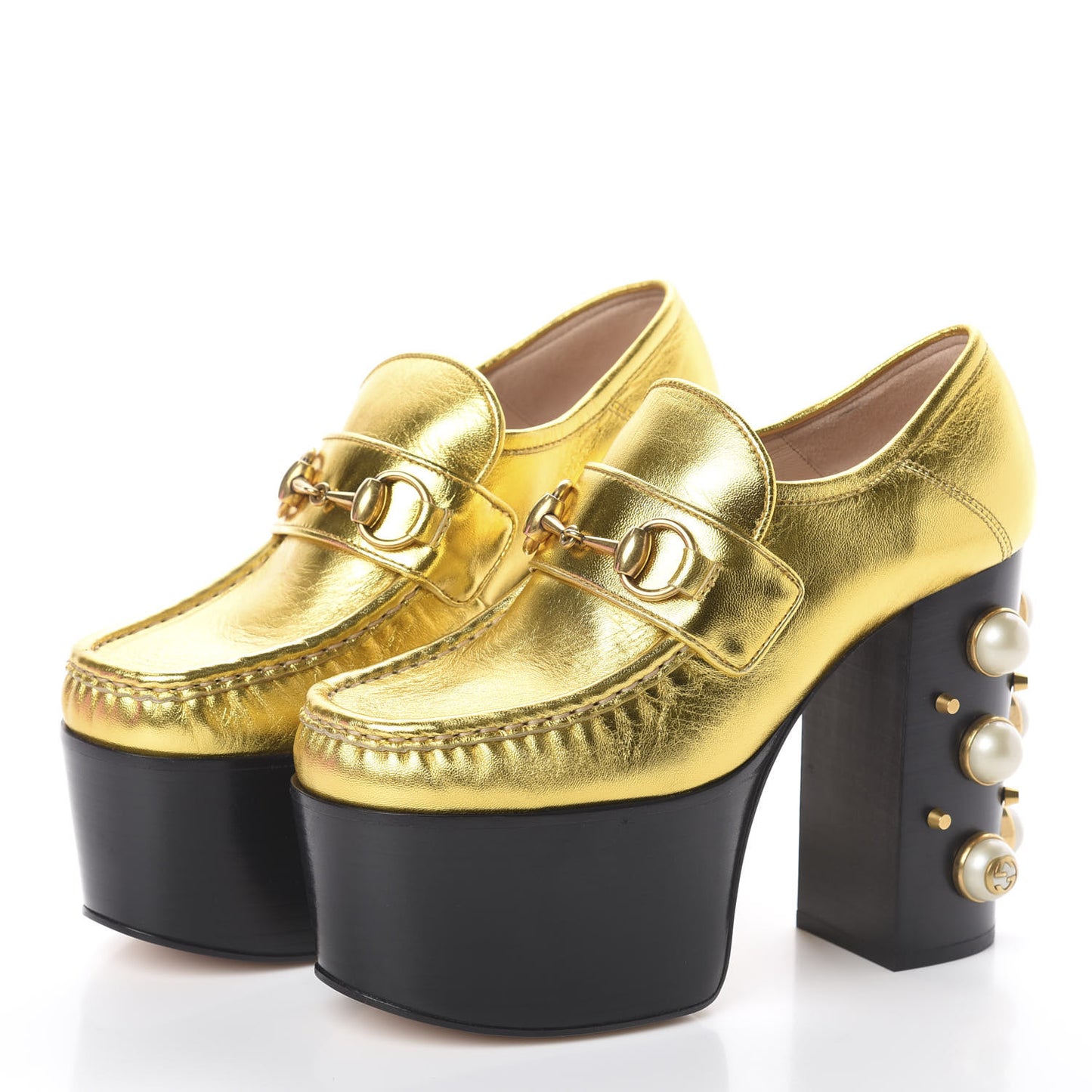 Malaga Kid Pearl Studded Vegas Platform Loafers 35 Gold
