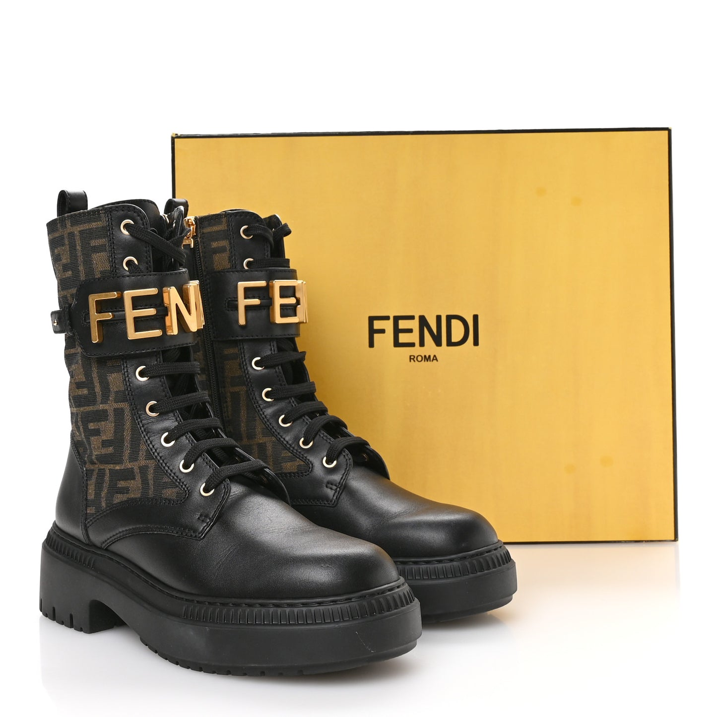 Vitello Fabric Jacquard FF Fendigraphy 50mm Biker Boots 39.5 Black Tobacco