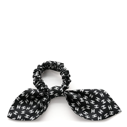 Chanel Silk Twill CC Scarf Hair Tie Black White 1 of 5