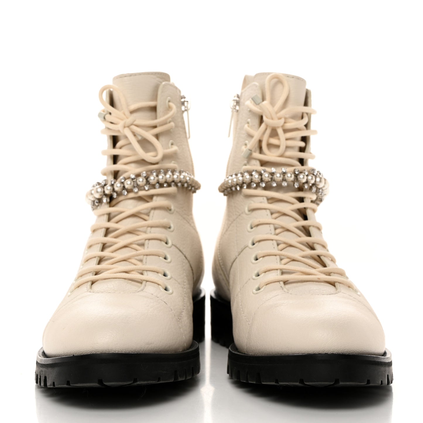 Grained Calfskin Crystal Embellished Cruz Combat Boots 39 White