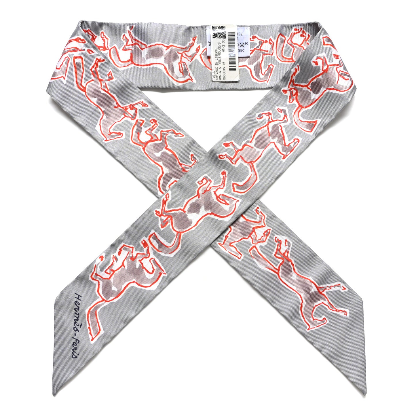 Silk Chevaux En Liberte Twilly Gris Perle Rouge White