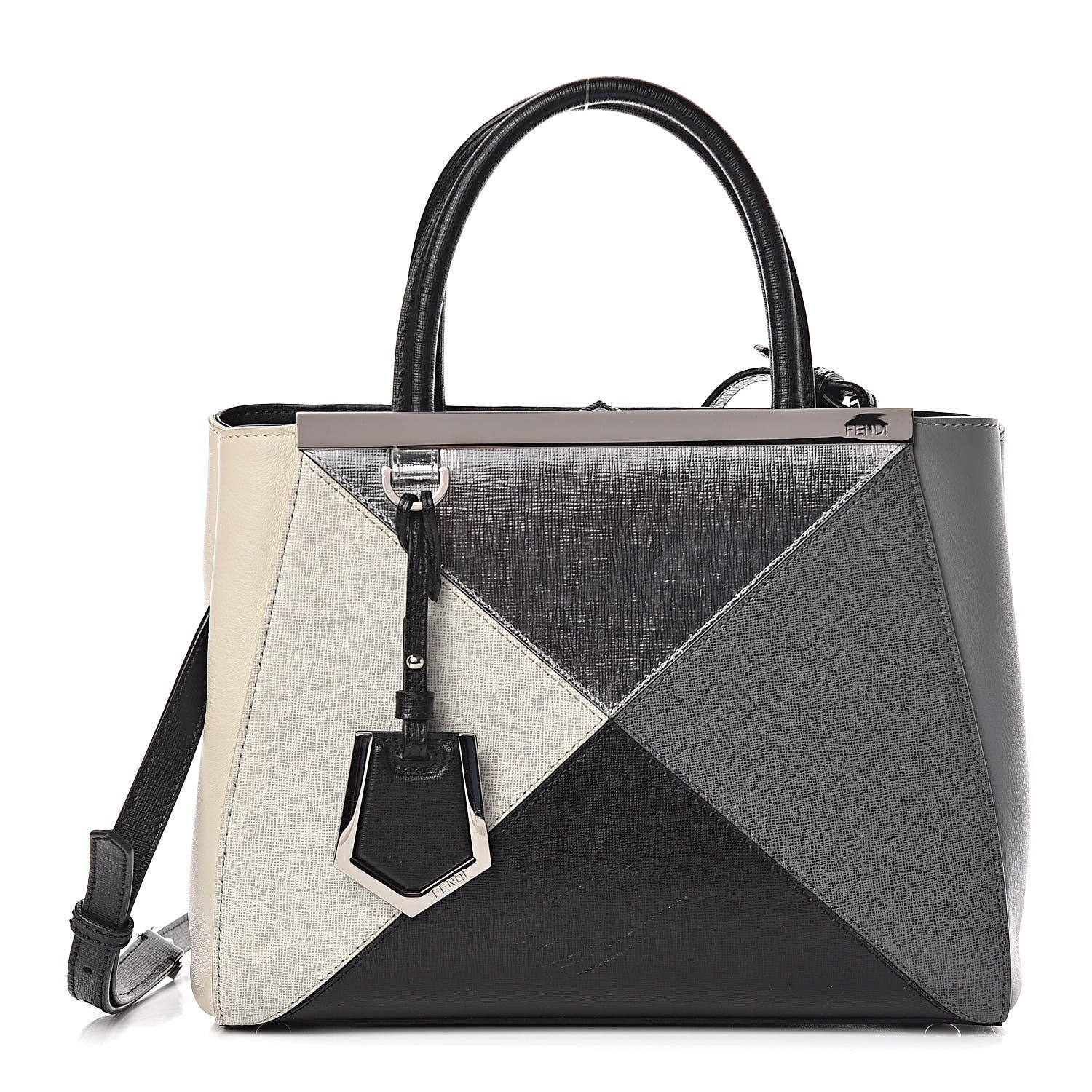 Fendi Vitello Elite Calfskin Colorblock Petite 2Jours Tote Black Multicolor White Argento 1 of 11