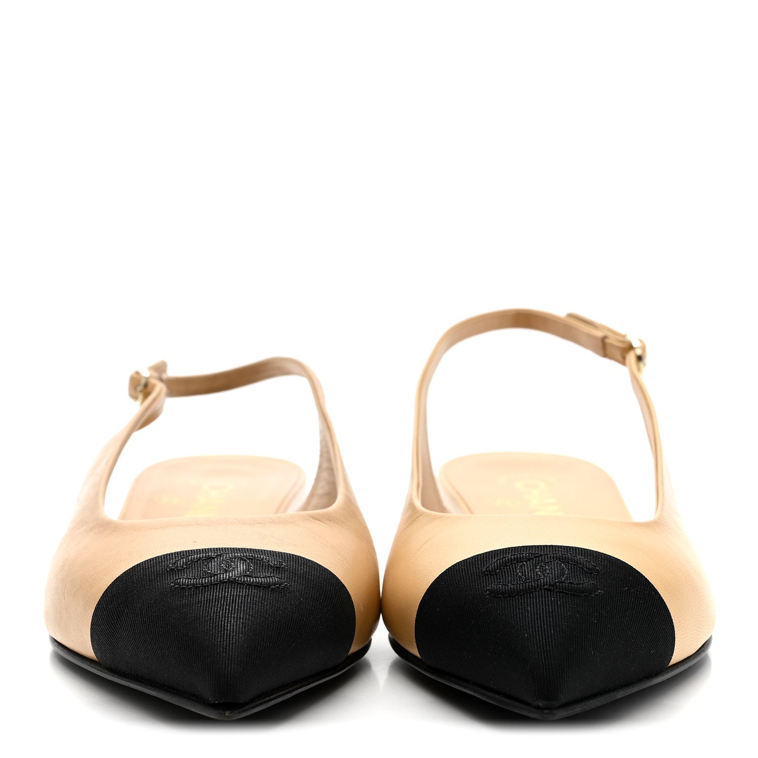 Chanel Goatskin Grosgrain Pointed Toe CC Slingback Flats 37 Beige Black 3 of 9
