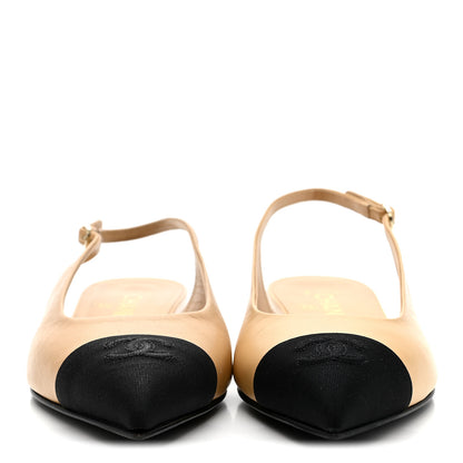 Chanel Goatskin Grosgrain Pointed Toe CC Slingback Flats 37 Beige Black 3 of 9