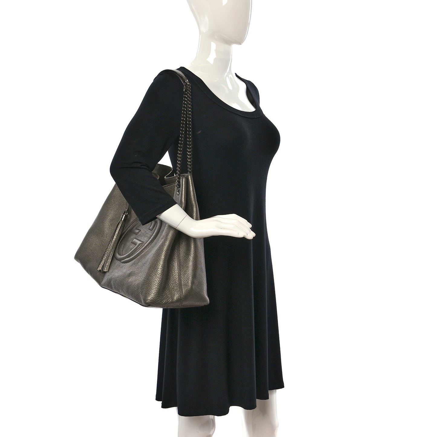 Metallic Pebbled Calfskin Large Soho Chain Shoulder Bag Golden Beige